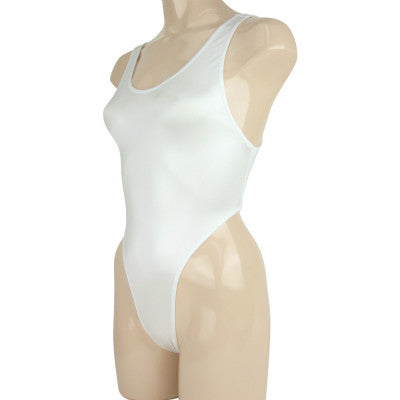 Wet Gloss Fabric Stretch Leotard White