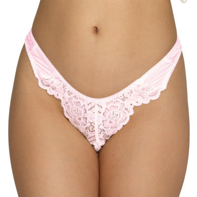 Tricot & Lace Fabric Open Crotch T-Back Panties Pink