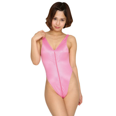 Wet Fabric Front And Back Double Zipper Leotard Pink