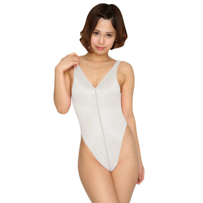 Wet Fabric Front And Back Double Zipper Leotard White