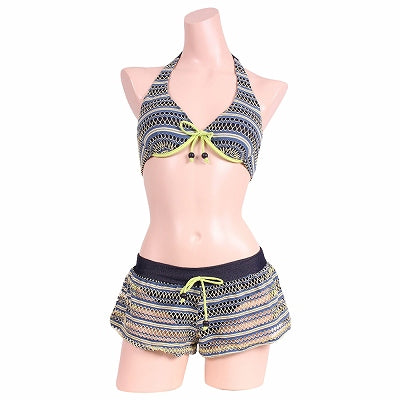 Denim Collab Mesh Lace Bikini Short Pants 3-Piece Set Emerald Green