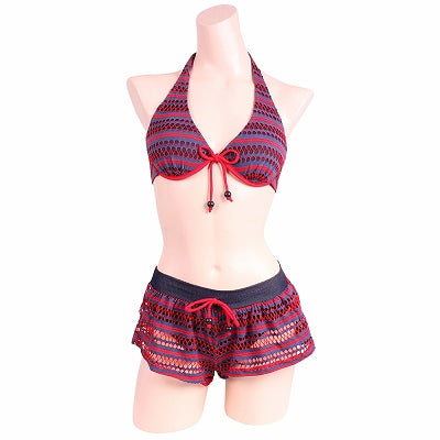 Denim Collab Mesh Lace Bikini Shorts 3 Piece Set Red