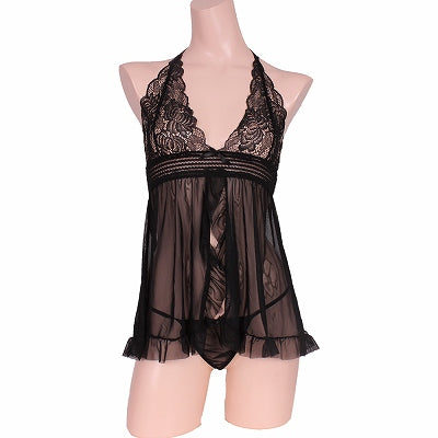 Love Heart Feminine Babydoll & T-Back Set Black