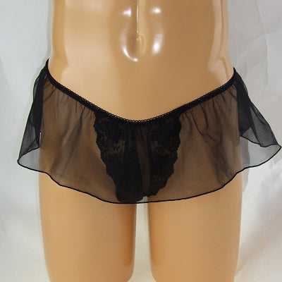 Men Sheer Skirt With Lace Embroidery T-Back Black