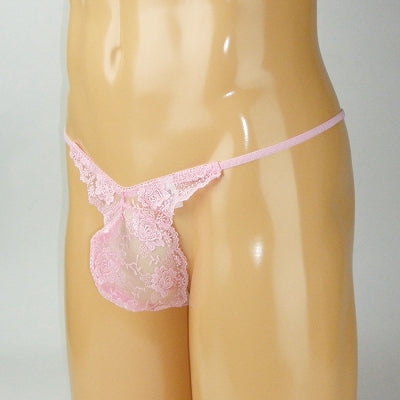 Men See-Through Lace Trimmed Side G-String Pink M