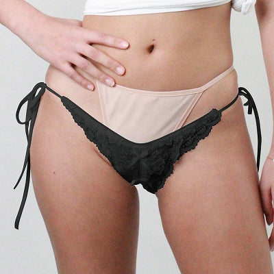 Glossy Fabric With Good Texture Lace-Trimmed Side Strap Thong Underpants Size L Black