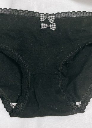 [Premium Used] Black panties with gingham check ribbon.