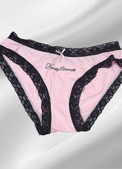 [Premium Used] Frilly black lace pink cotton panties ♡